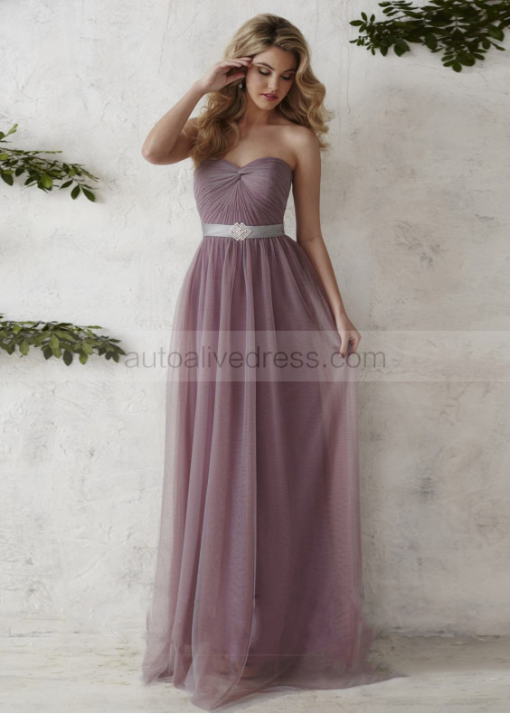 A-line Sweetheart Neck Mauve Ruched Tulle Bridesmaid Dress With Beaded Sash